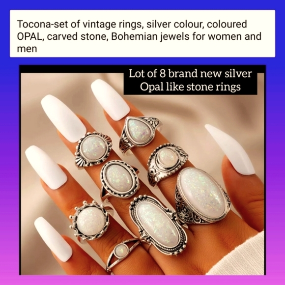 5/25 8 silver ring lot bohemian style rings white opal colored stones unique - Picture 7 of 8